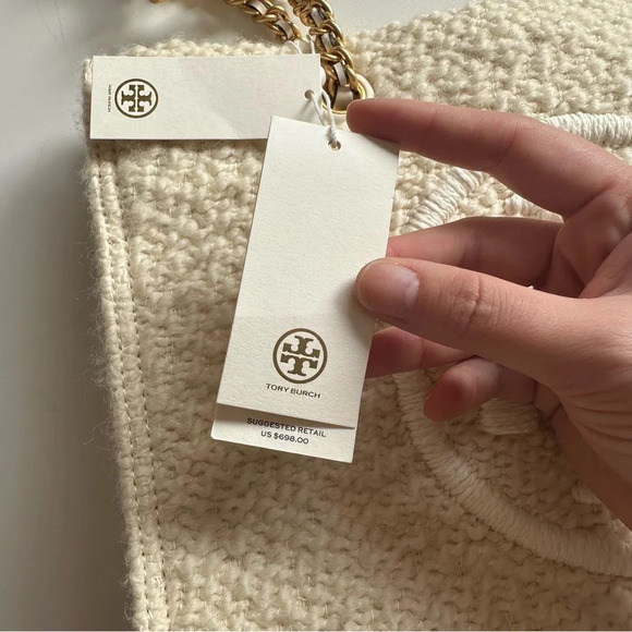 TORY BURCH ELLA LOGO CREAM BOUCLE TOTE BAG LEATHER/CHAIN HANDLE NWT $698 RARE - Picture 12 of 13